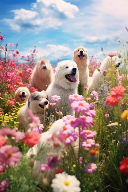 Grupa sześciu psów na polu kwiatowym