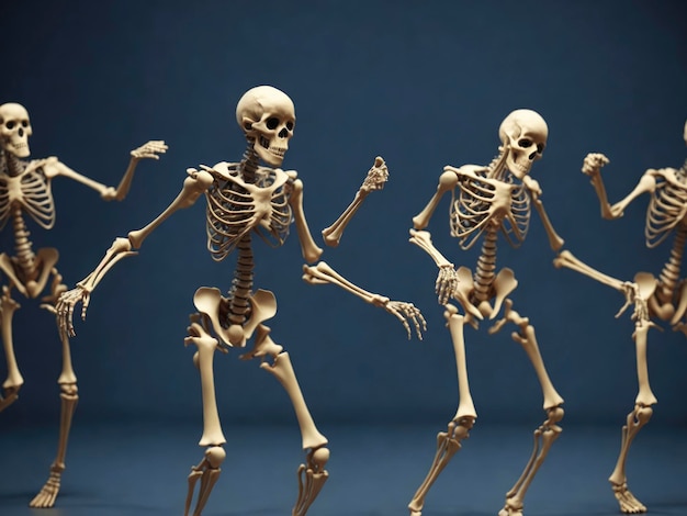 grupa szkieletów stoi w rzędzie, a jeden wskazuje
