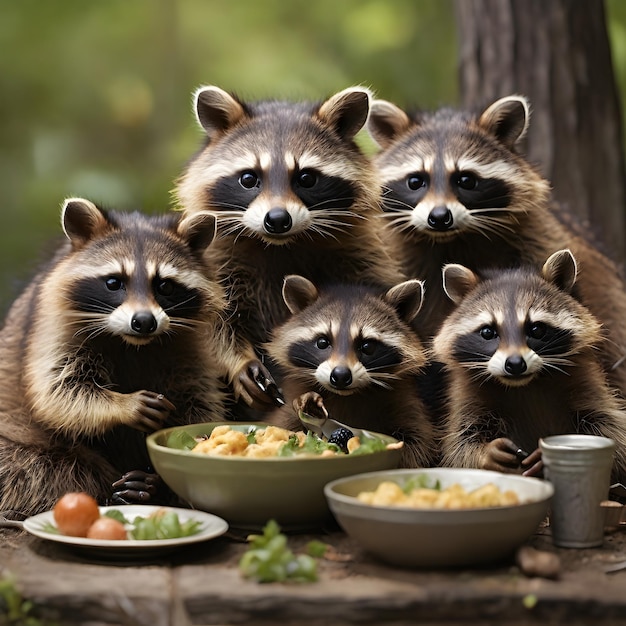 Zdjęcie grupa szopek siedzi przed talerzem z jedzeniem.