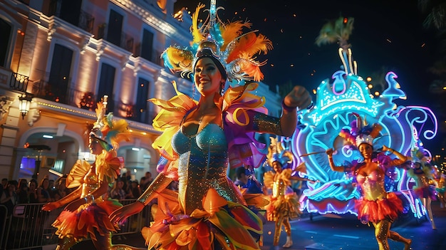 Grupa tancerzy w kolorowych kostiumach występuje podczas karnawału