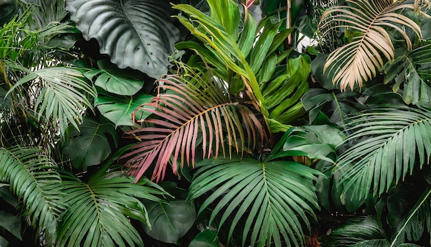 Zdjęcie grupa tła ciemnozielonych liści tropikalnych palma monstera liść kokosowy palma paprocia