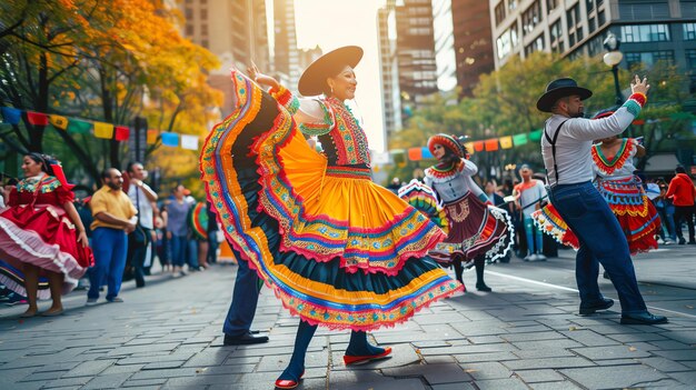 Zdjęcie grupa tradycyjnych meksykańskich tancerzy wykonuje tradycyjny taniec na ulicy miasta