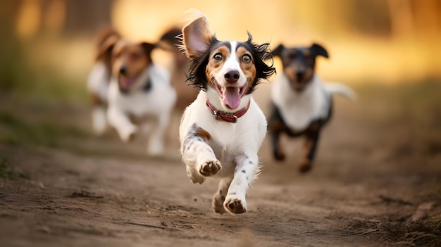 Grupa trzech energicznych psów biegających po malowniczym Di