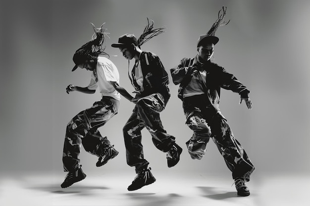Grupa trzech młodych tancerek w stylu współczesnym, w miejskich strojach.