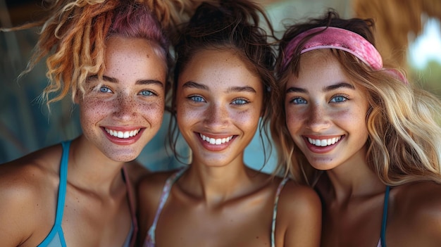 Grupa trzech młodych, zróżnicowanych sportowców uśmiecha się i śmieje razem w studiu sportowym, świętując swój zdrowy i aktywny styl życia