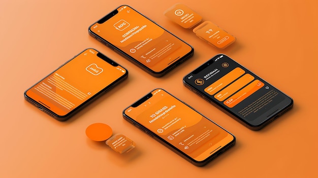 grupa trzech telefonów komórkowych z pomarańczowymi i pomarańczowymi ekranami
