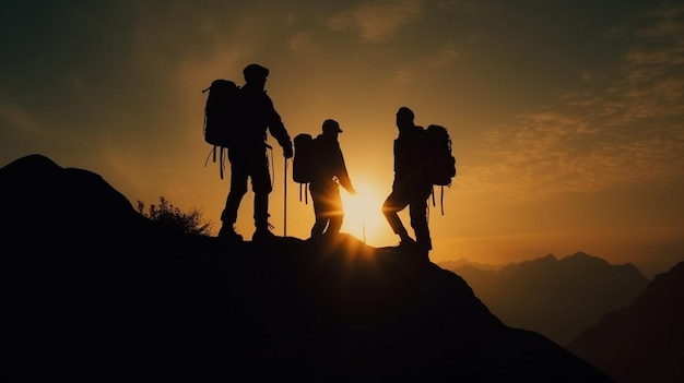 Grupa turystów na szczycie góry Generative Ai