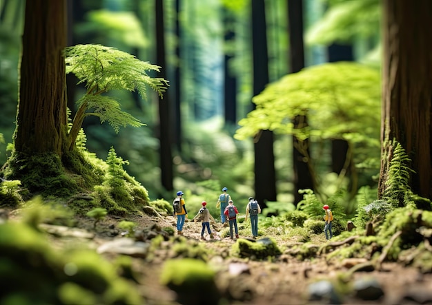 Grupa turystów pieszo przez gęsty las uchwycony z niskiego kąta, aby podkreślić