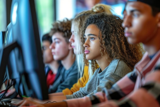 Grupa uczniów e-learningu na komputerze w klasie w liceum