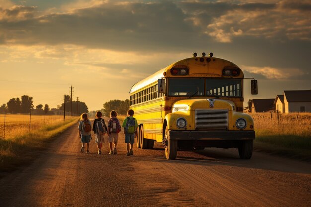 Grupa uczniów idących w stronę autobusu szkolnego