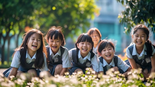 Grupa uczniów szkoły podstawowej uśmiechających się radośnie w słonecznym azjatyckim słońcu