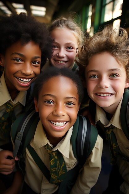 Grupa uczniów w wieku 10 lat w mundurkach w klasie ze szczęśliwym momentem