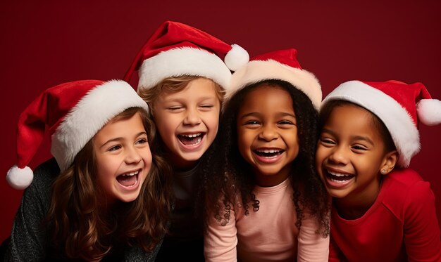 Grupa uroczych dzieci noszących czapki Świętego Mikołaja podekscytowanych świątecznym sezonem wakacyjnym