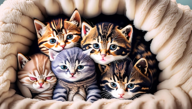 Zdjęcie grupa uroczych kociąt przytulonych do przytulnego koca fort przytulna przystań dla kotów zapewniająca wygodę