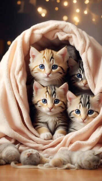 Grupa uroczych kociąt przytulonych do siebie w przytulnym forcie z koca Dwa kocięta siedzące w Blu