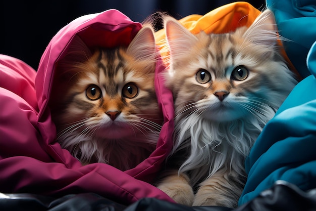 Zdjęcie grupa uroczych kociąt przytulonych do siebie w przytulnym forcie z koców