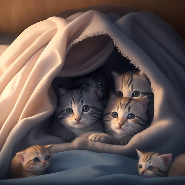 Grupa uroczych kociąt przytulonych do siebie w przytulnym forcie z koców