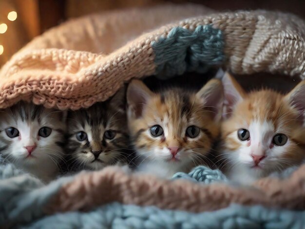 Zdjęcie grupa uroczych kociąt przytulonych do siebie w przytulnym fortku z kocami
