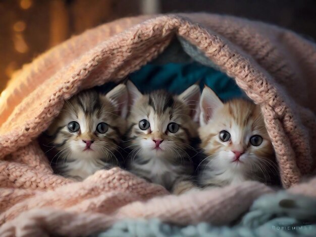 Zdjęcie grupa uroczych kociąt przytulonych do siebie w przytulnym fortku z kocami