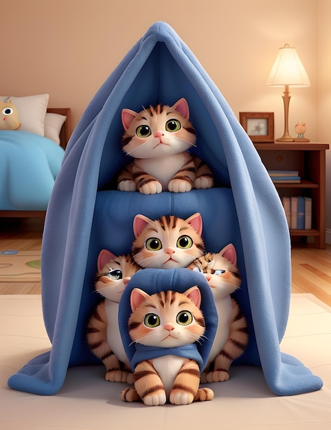 Grupa uroczych kociąt przytulonych do siebie w przytulnym kocu Fort 3D generowany ai