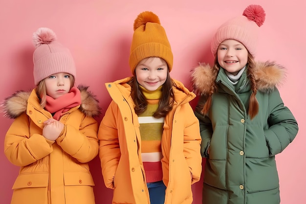Zdjęcie grupa uroczych małych dzieci dzieci w zimowych ubraniach na pastelowym kolorowym tle