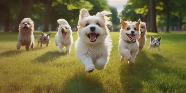 Grupa uroczych psów bawiących się i biegających po bujnej trawie w parku Generative Ai