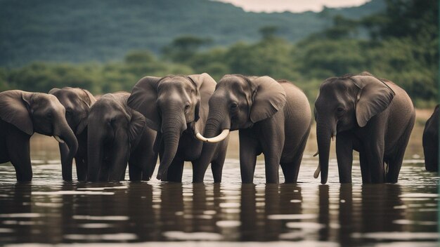 Zdjęcie grupa uroczych słoni w pięknym jeziorze w dżungli