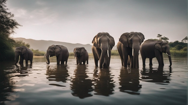 Grupa uroczych słoni w pięknym jeziorze w dżungli