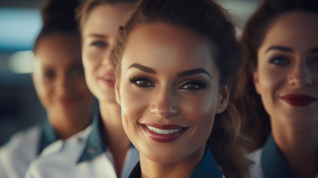 Grupa uśmiechniętej stewardesy, przyjaznej koncepcji podróży personelu pokładowego