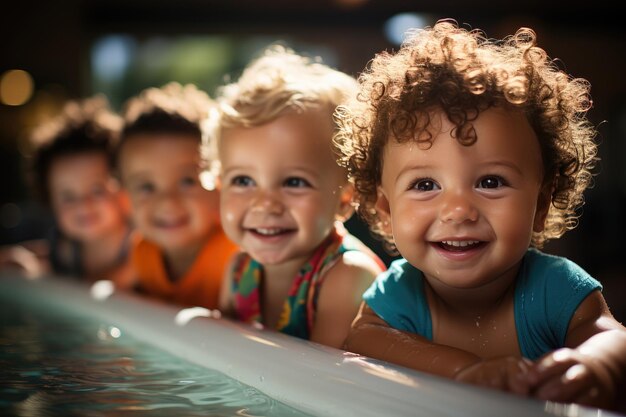 Grupa uśmiechniętych małych dzieci cieszy się odświeżającą chwilą w basenie
