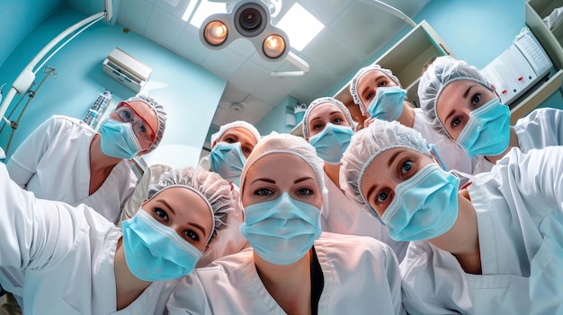 Grupa wesołych lekarzy stojących razem w pokoju dzieląc się śmiechem i przyjaźnią