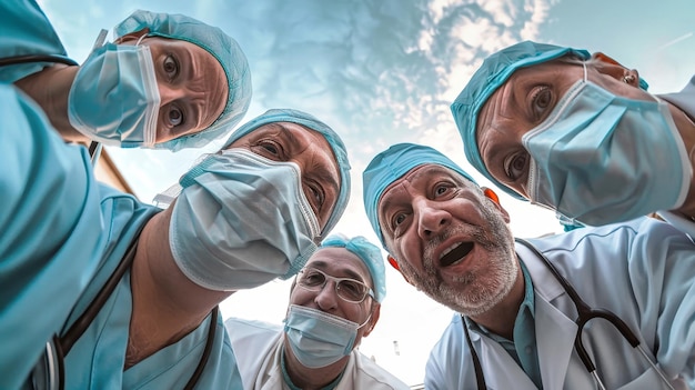 Grupa wesołych lekarzy świętujących sukces z rękami podniesionymi w powietrze
