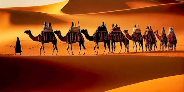 Grupa wielbłądów idzie przez pustynię.