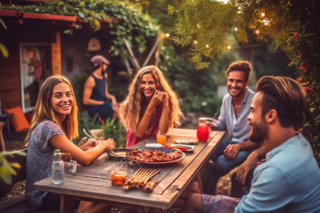 Grupa wieloetnicznych, różnorodnych ludzi, którzy dobrze się bawią, dzieląc się historiami i jedząc kolację na świeżym powietrzu. Rodzina i przyjaciele zebrali się przed domem w ciepłe lato.