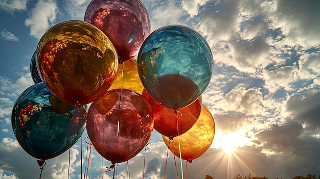 Grupa Wielokolorowych balonów wypełnionych helium Tło nieba Ilustracje HD