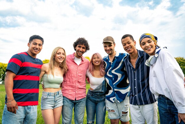 Grupa wielonarodowych nastolatków spędzających czas na zewnątrz na pikniku w parku