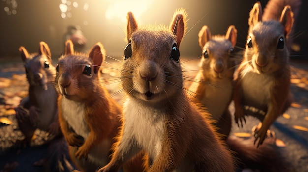 Grupa wiewiórek patrzy w kamerę.