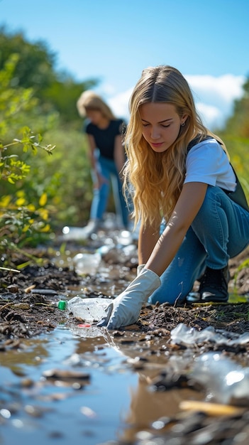 Zdjęcie grupa wolontariuszy sprzątających śmieci w środowisku miejskim lub przyrodniczym