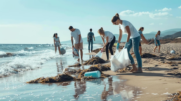 Grupa wolontariuszy utrzymuje plażę czystą i wkłada ją do worków.