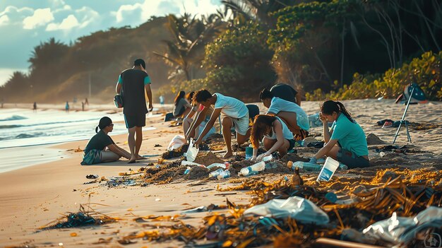 Grupa wolontariuszy utrzymuje plażę czystą klęczą w piasku i zbiera śmieci w tle słońce zachodzi nad oceanem