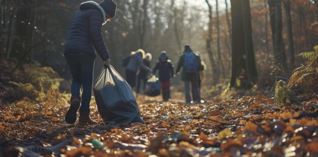 Zdjęcie grupa wolontariuszy zbierających tworzywa sztuczne w lesie dbająca o czyszczenie przyrody w parku