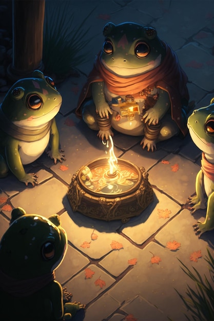Grupa żab siedzących wokół generatywnej ai ogniska
