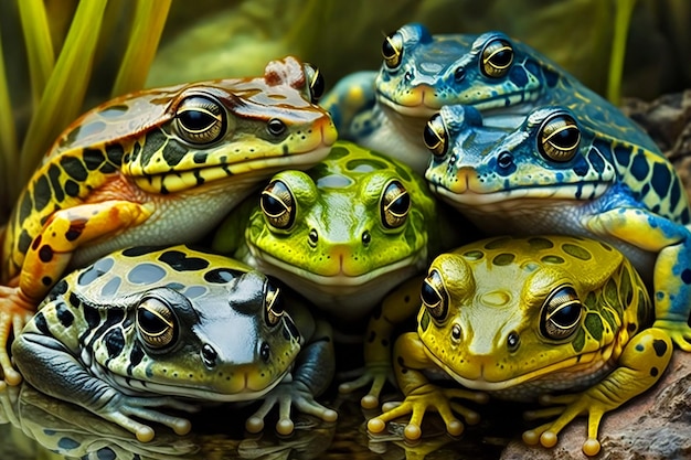 Grupa żab siedzi razem w grupie.