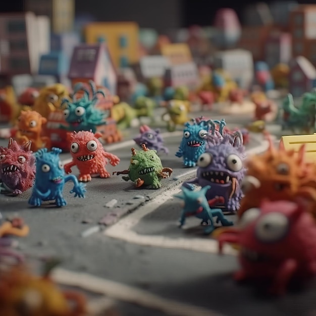 Grupa zabawkowych potworów stoi na ulicy z tablicą z napisem „zatrzymaj rozprzestrzenianie się wirusa”.