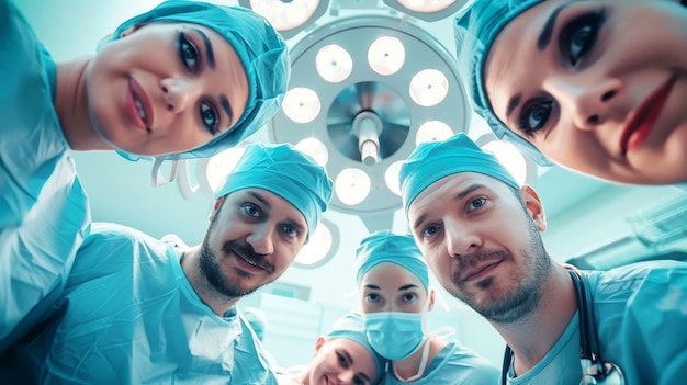 Grupa zabawnych i wesołych lekarzy stojących w kręgu dzielących się śmiechem i towarzystwem w chwili radości i połączenia