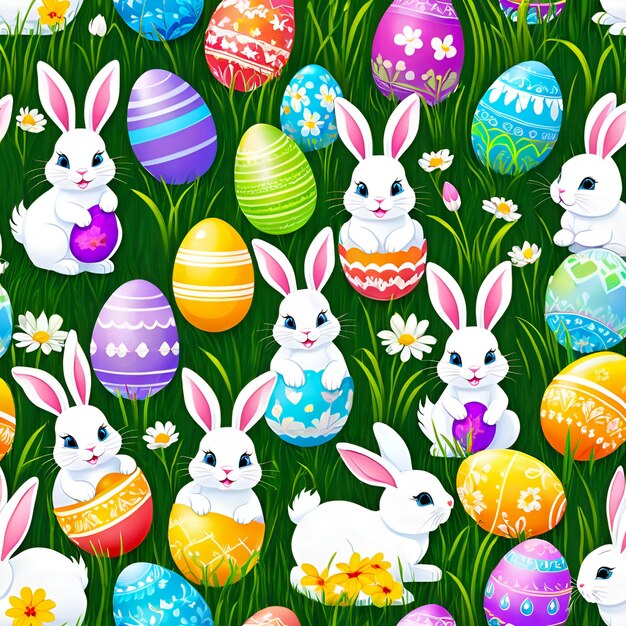 Grupa zabawnych królików maluje kolorowe wzory na jajach wielkanocnych na słonecznej łące
