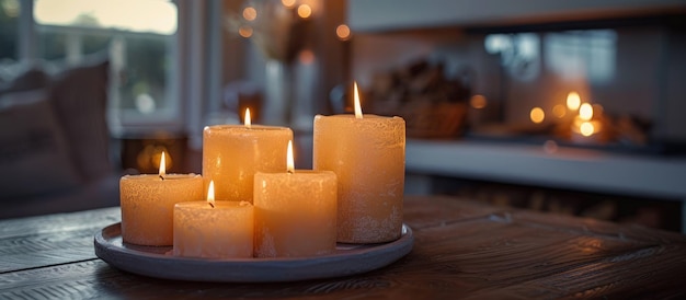 Grupa zapalonych świec na drewnianym stole