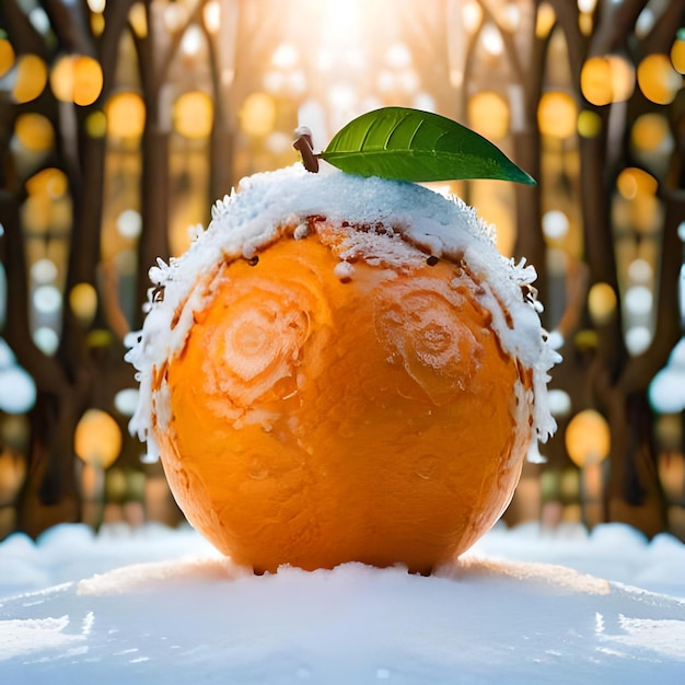 Grupa zdjęć pomarańczy siedzących na szczycie drzewa pokrytego śniegiem