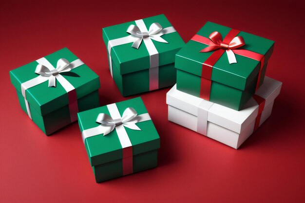 Grupa zielonych pudełek prezentowych z białymi wstążkami znajduje się na czerwonym tle.