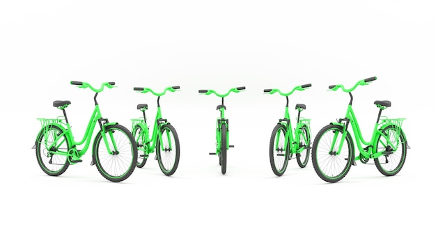 Grupa zielonych rowerów stojących w półkolu, ilustracja 3d